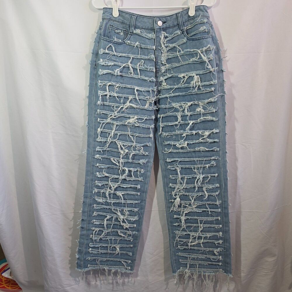 Extreme Slash Distressed Jeans High Waist Frayed Straight Leg Denim Light Wash S